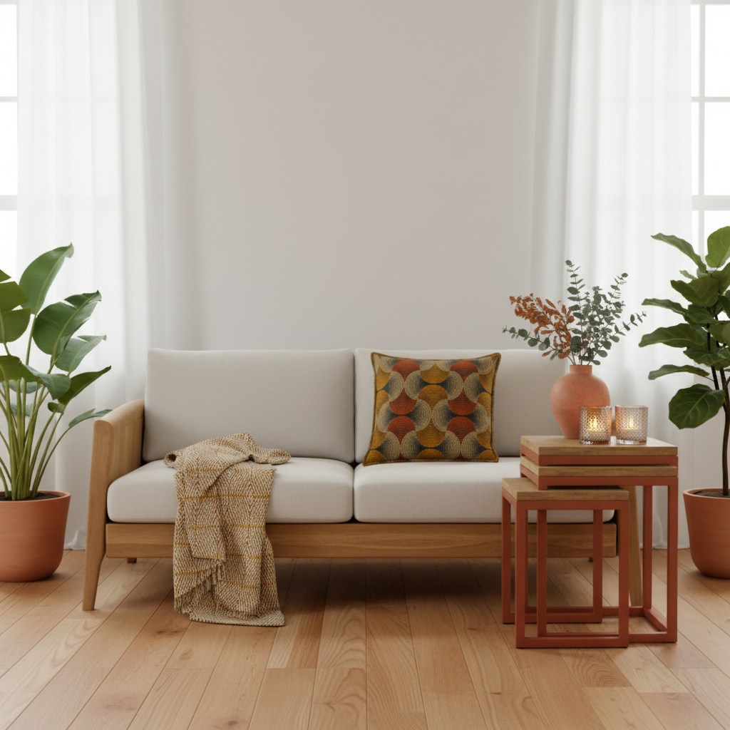 A light wood loveseat sofa with off-white cushions, styled in a bright room with a patterned throw pillow, a draped knit blanket, nested wooden side tables with candles, and potted plants on a light wood floor.