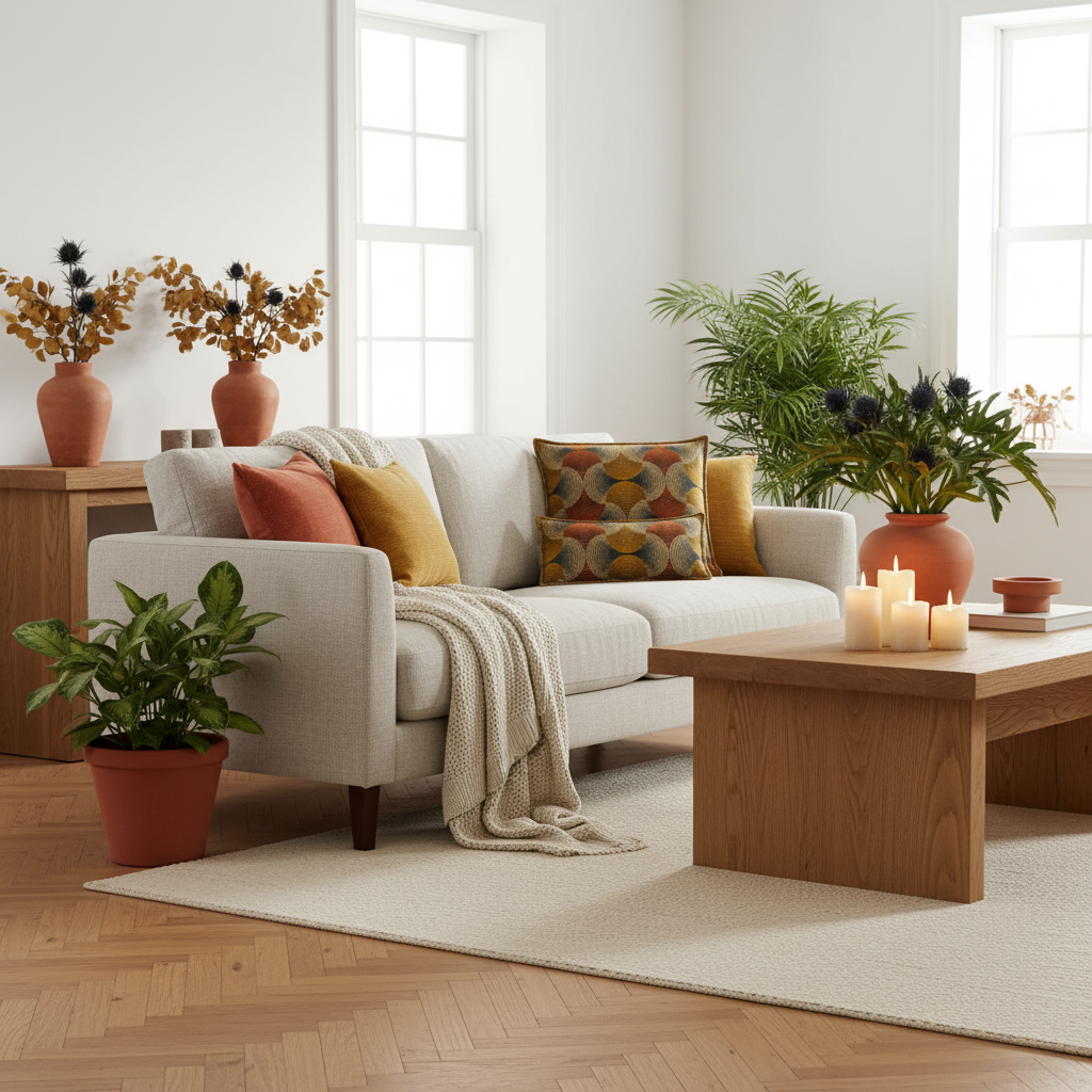 A modern living room scene featuring a light beige fabric sofa styled with patterned and solid accent pillows, a cream throw blanket, and a wooden coffee table with lit candles and a potted plant.