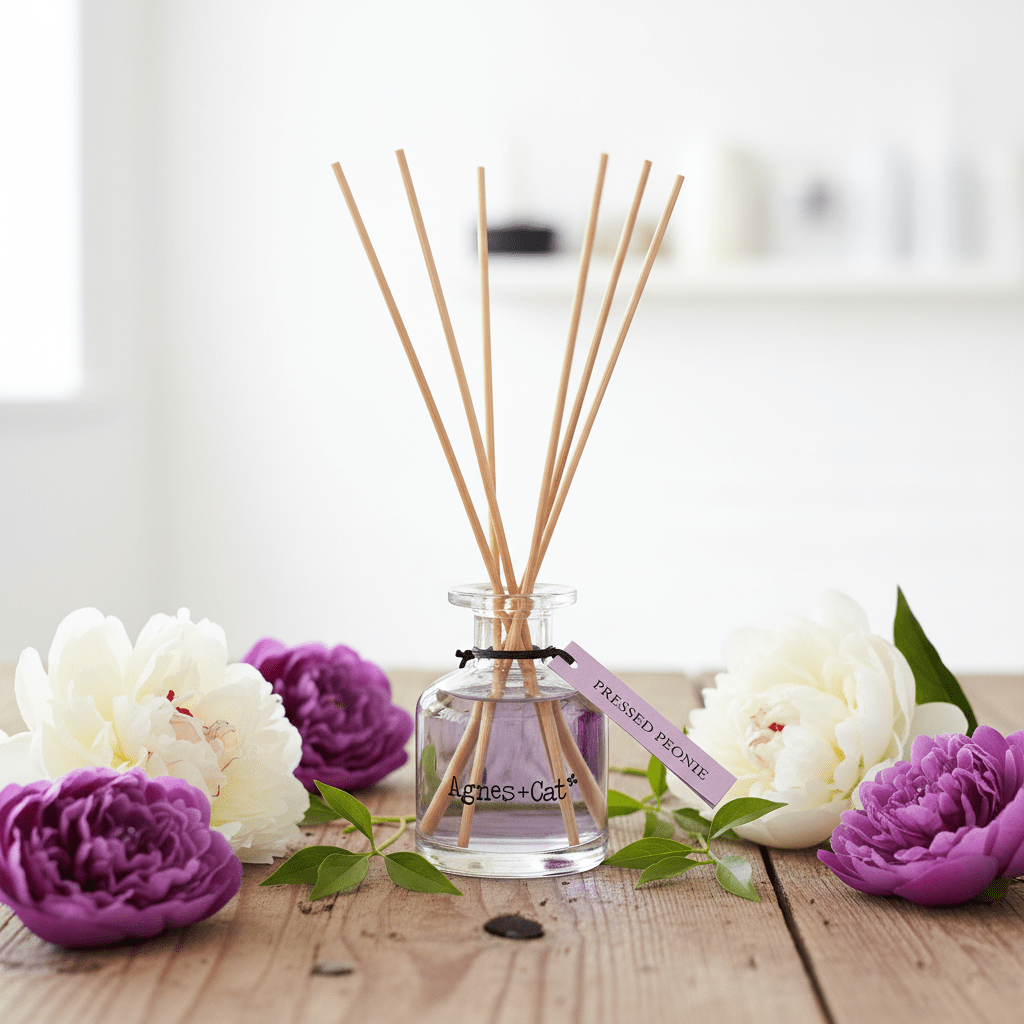 Reed diffuser with floral arrangement on a wooden surface