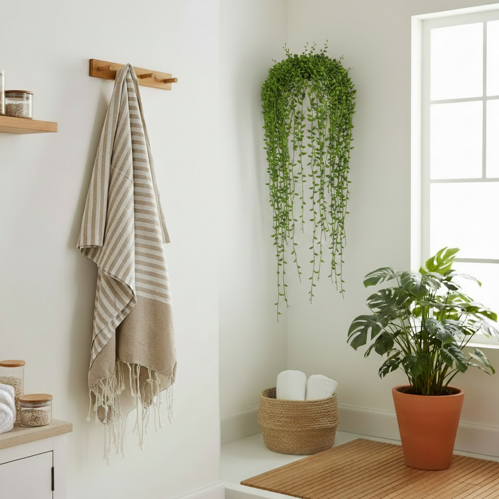 A styled interior corner with a beige striped fringed towel hanging from a wooden wall hook, a hanging green trailing plant, a potted monstera, a woven basket with white towels, and a window in a bright room.