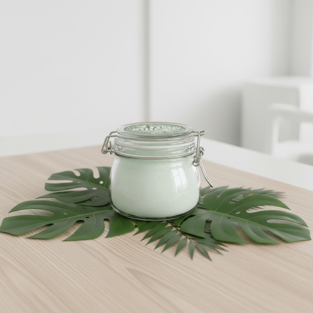 Jar of green bath salt powder on a wooden surface with leaves