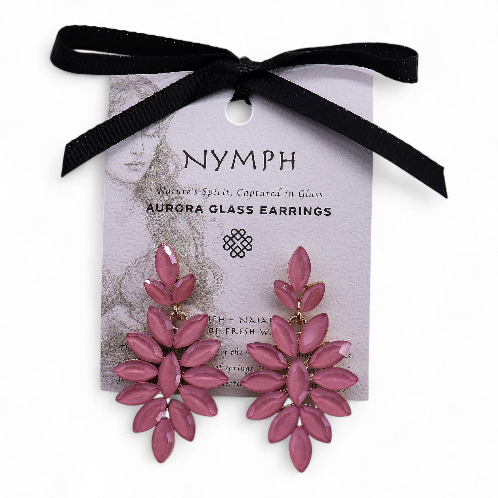 Pink glass earrings on a Nymph branded card with a black ribbon