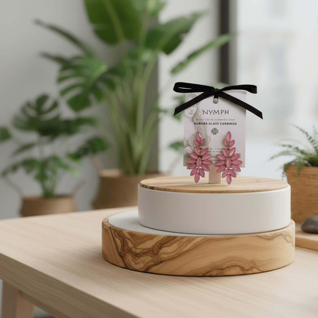 Pink floral earrings on a stand with 'Nymph' packaging on a wooden surface with plants in the background