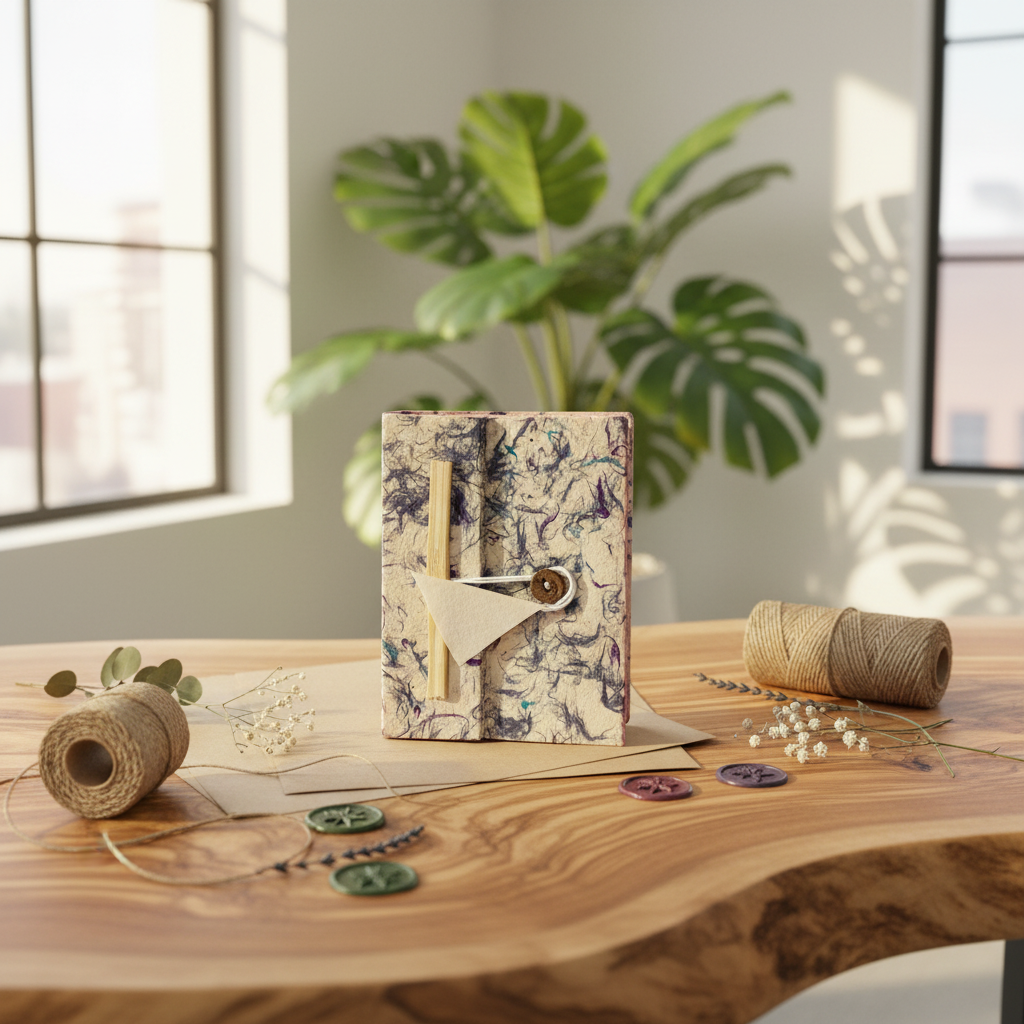 A small handmade journal with a marbled beige cover and a wooden clasp sits on a wooden table surrounded by craft supplies, twine, buttons, and dried flowers, with a large green plant in the background.