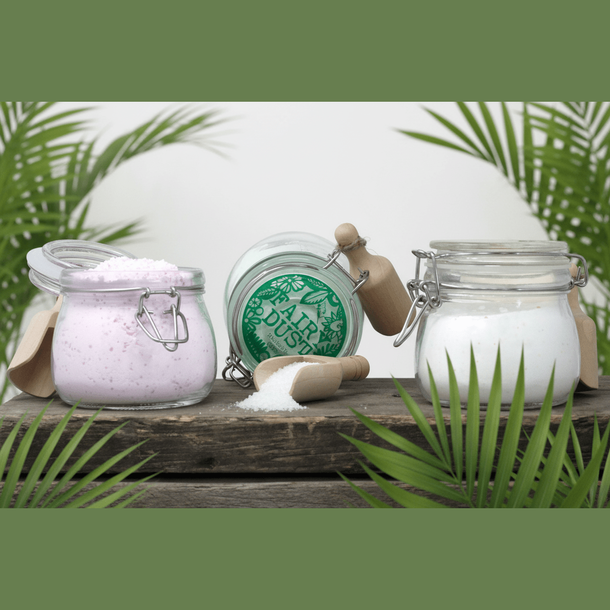 Three glass jars with bath products on a wooden surface with green foliage in the background