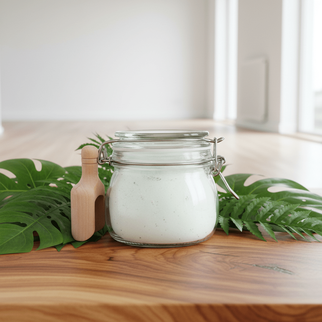 Glass jar with white bath salts on a wooden surface with green leaves
