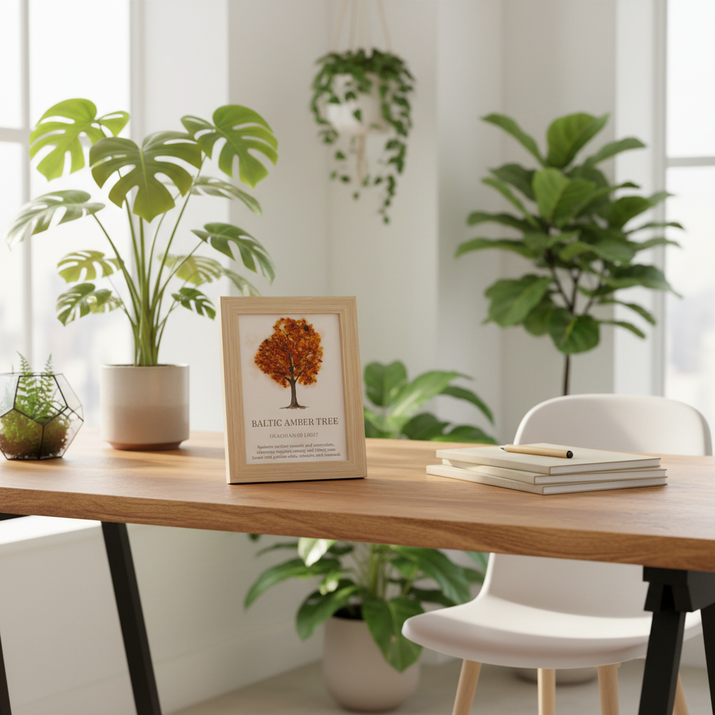 A framed art print featuring a 'Baltic Amber Tree' illustration with an orange autumn tree, displayed on a light wood desk in a bright, modern room surrounded by potted plants and a white chair.