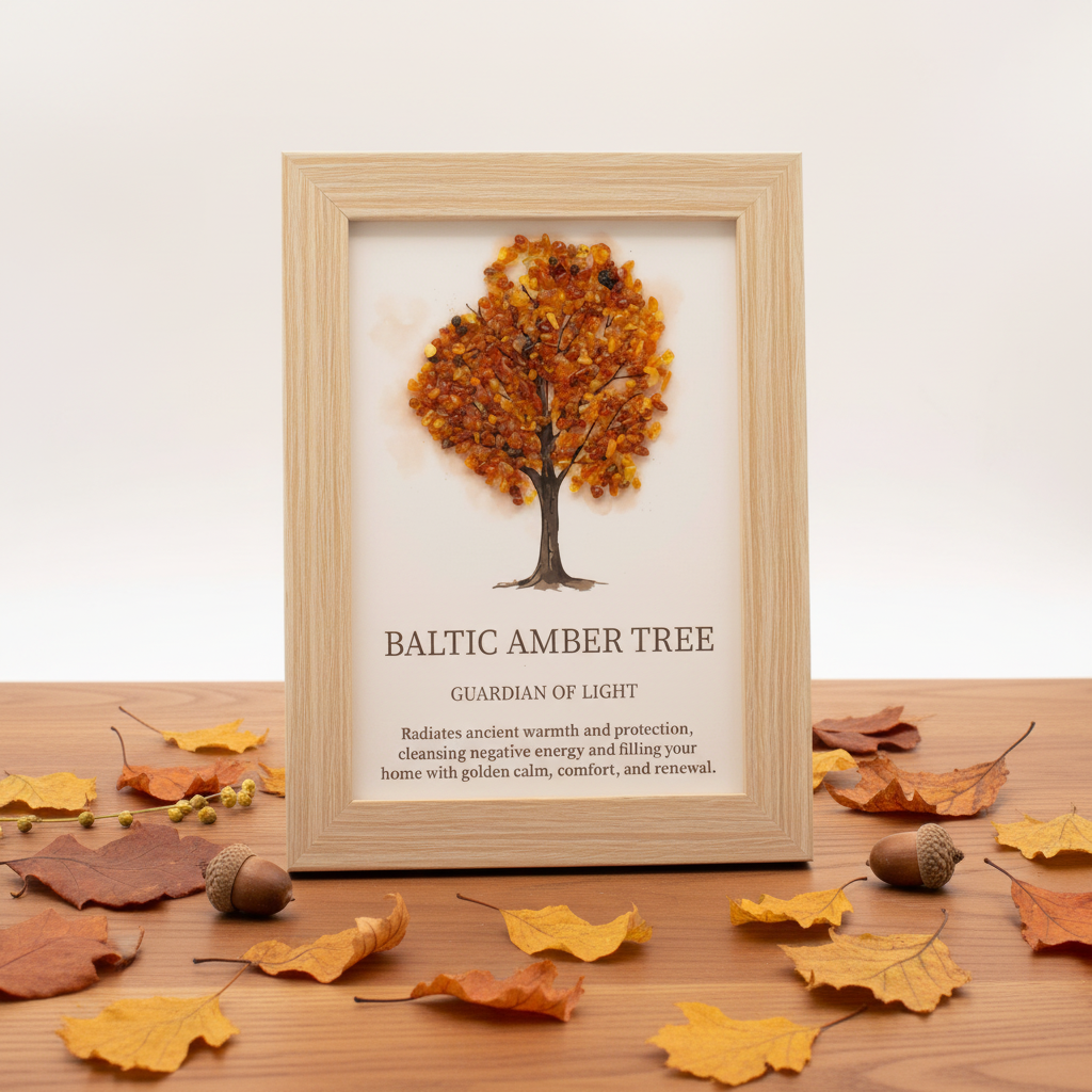 A framed decorative print featuring a Baltic amber tree illustration with autumn-colored leaves and the text 'BALTIC AMBER TREE' and 'GUARDIAN OF LIGHT.' The frame sits on a wooden surface, surrounded by scattered fall leaves and acorns, against a clean white background.