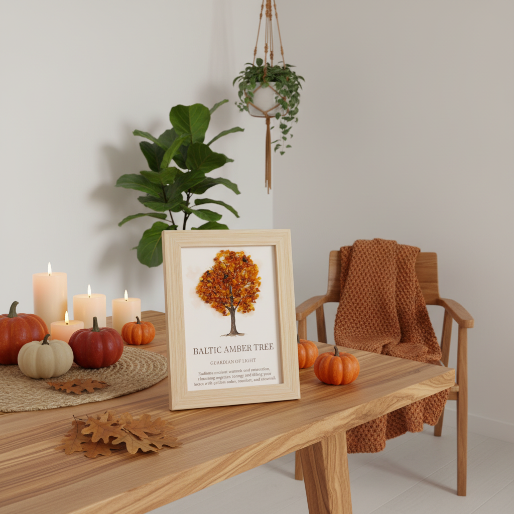 A framed art print featuring an autumn tree with orange and yellow leaves, labelled 'BALTIC AMBER TREE', styled on a wooden table in a cosy room setting with pumpkins, candles, a chair, and a plant.