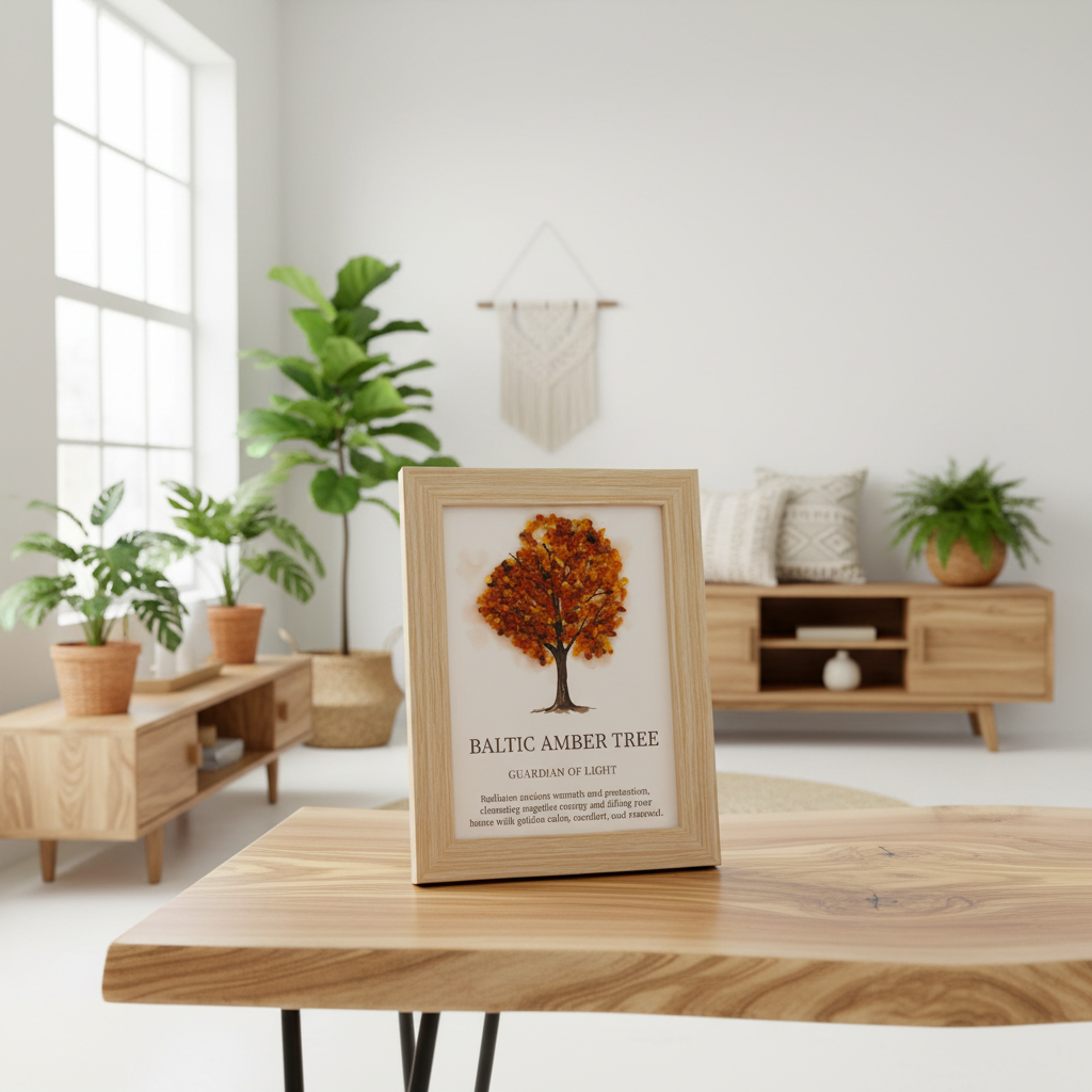 A framed decorative print titled 'BALTIC AMBER TREE' stands on a light wood table in a bright, modern living room. The artwork shows a stylised tree with amber-orange leaves on a cream background, enclosed in a light natural wood frame.