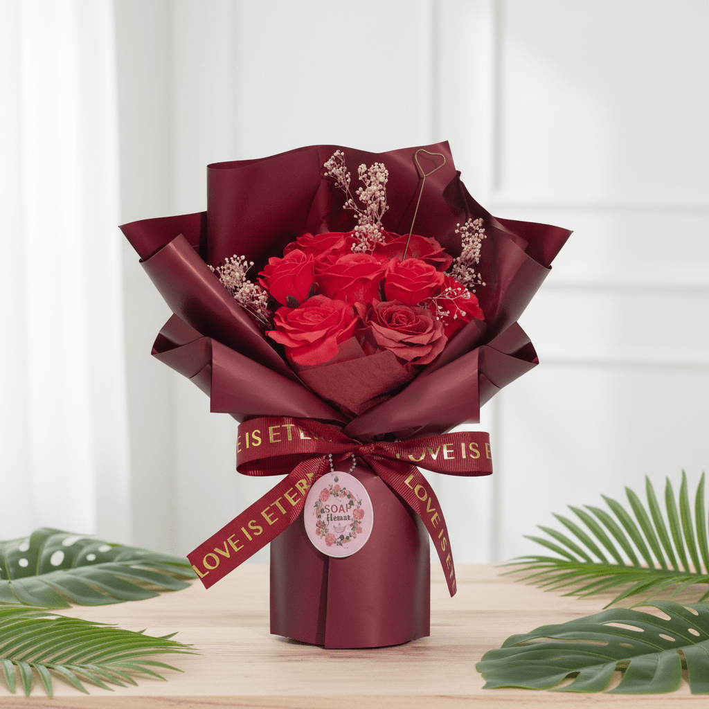 Bouquet of red rose soap wrapped in maroon paper with a decorative ribbon on a light background