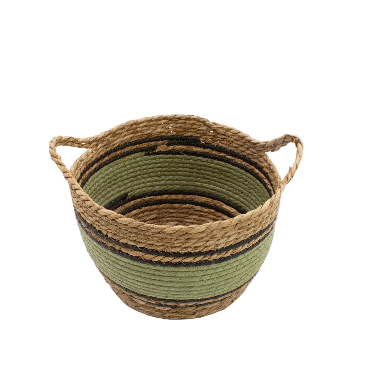 Medium woven basket showing its open interior, green band and black stripes