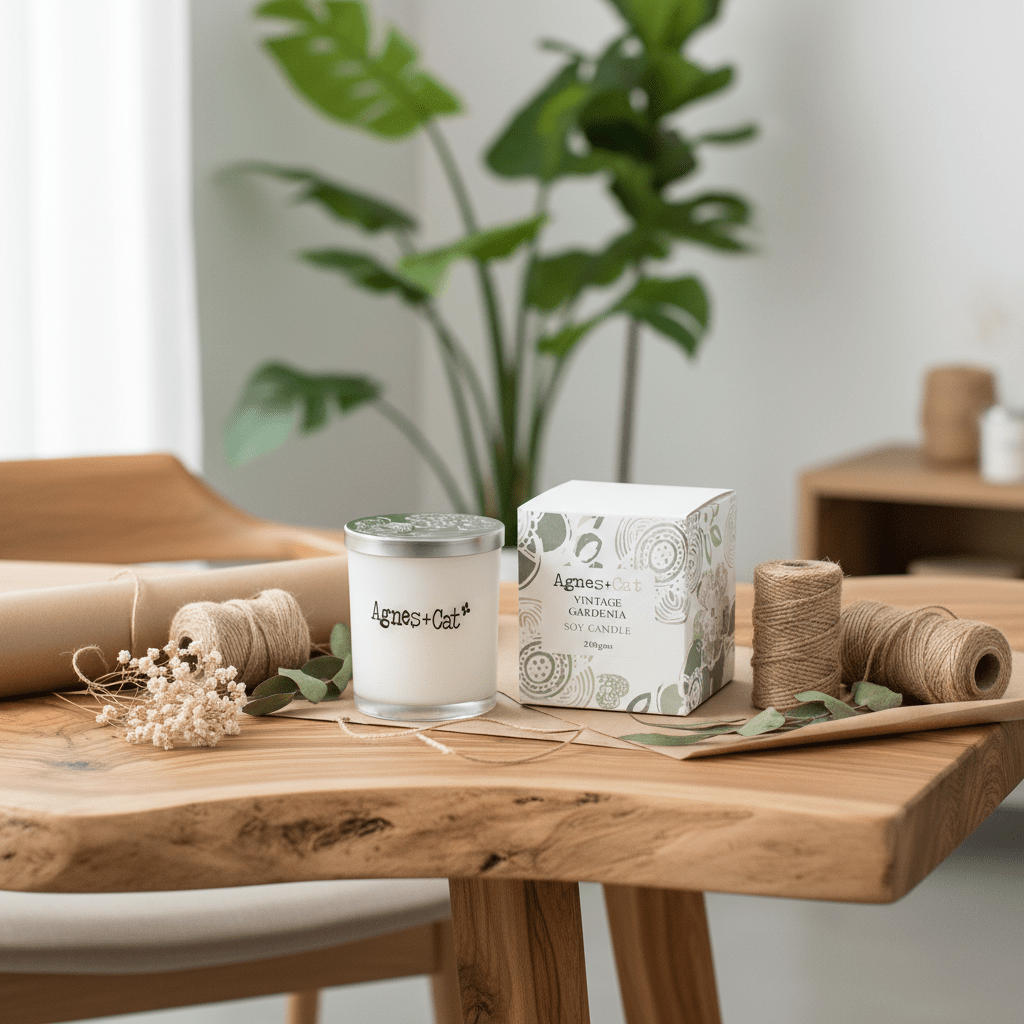 Candle and packaging on a wooden table with plants in the background