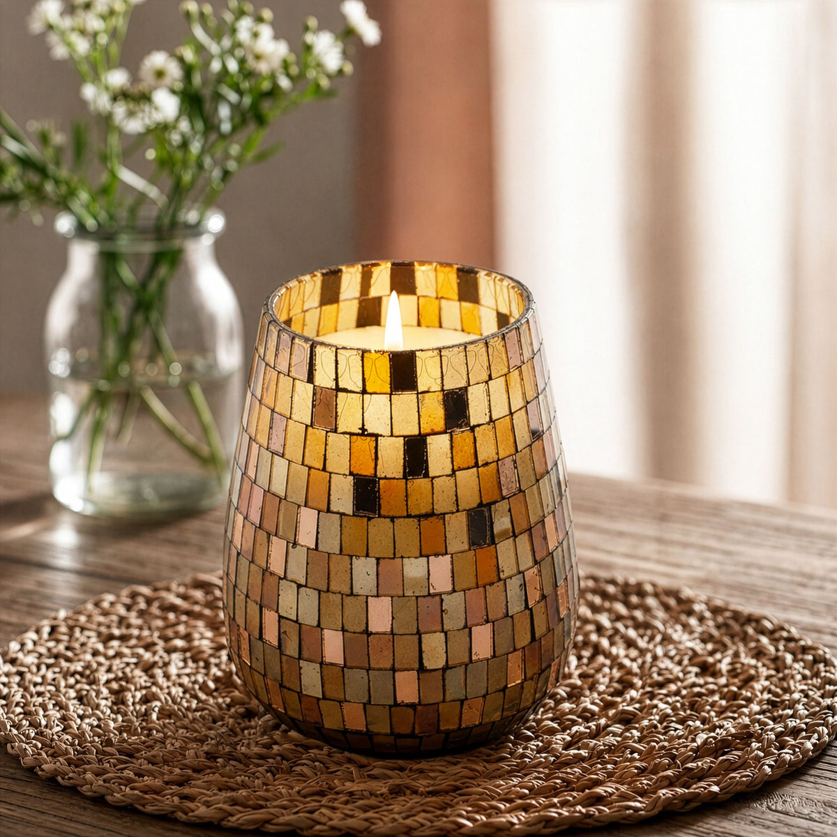 Tall Mosaic Glass Jar Candle in Amber