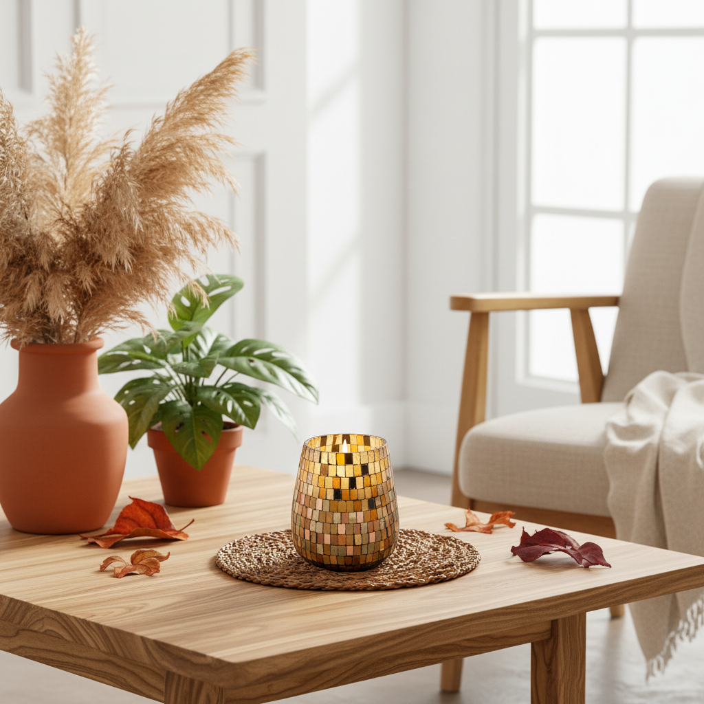 A gold mosaic candle holder on a woven placemat on a light wood table, styled in a bright, modern living room with a terracotta vase, pampas grass, and a potted plant in the background.