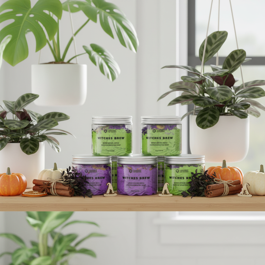 Six jars of Witches Brew soap blends are arranged on a wooden shelf with potted plants, small pumpkins, cinnamon sticks, and dried herbs in a bright indoor setting.
