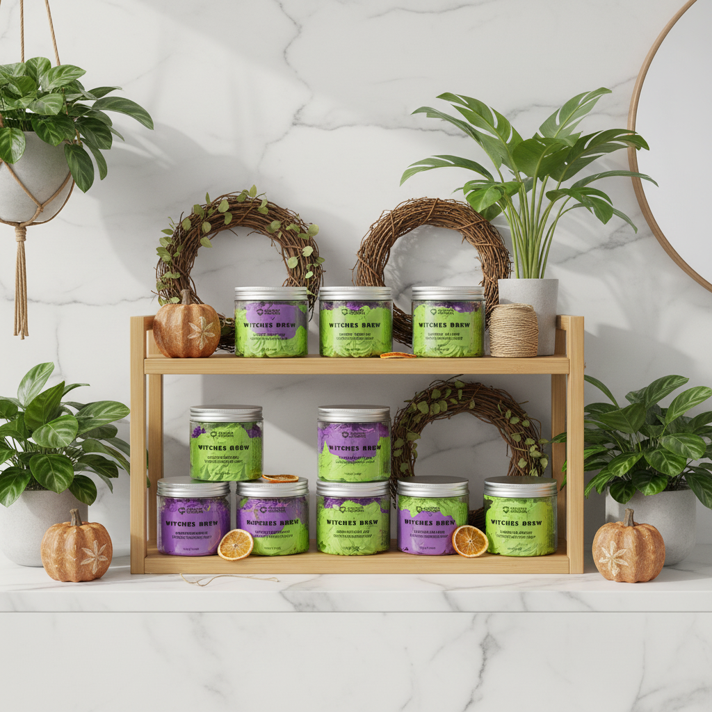 A styled product display of multiple Halloween whipped cream soaps in glass jars with green and purple labels, arranged on a two-tier wooden shelf. The shelf is decorated with grapevine wreaths, small pumpkins, and dried orange slices, set against a white marble wall and marble countertop with potted plants.
