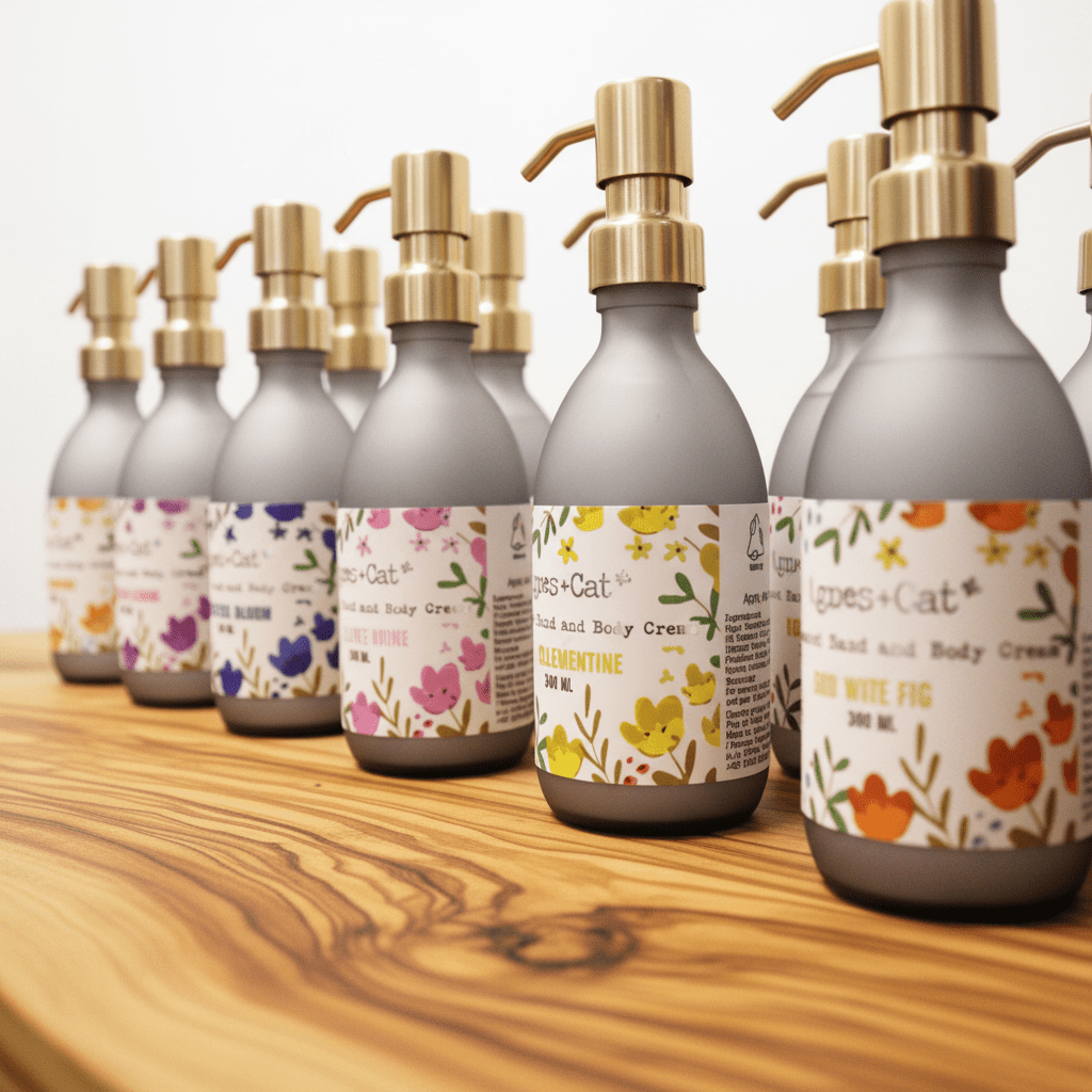 Row of bottles with floral labels on a wooden surface