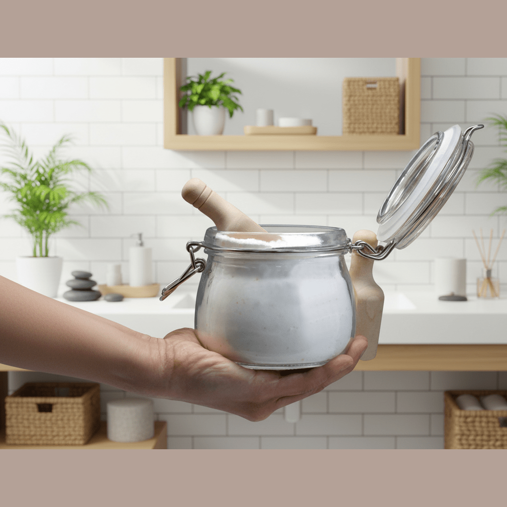 Person holding a glass jar full of bath salts with a metal lid in a bathroom 