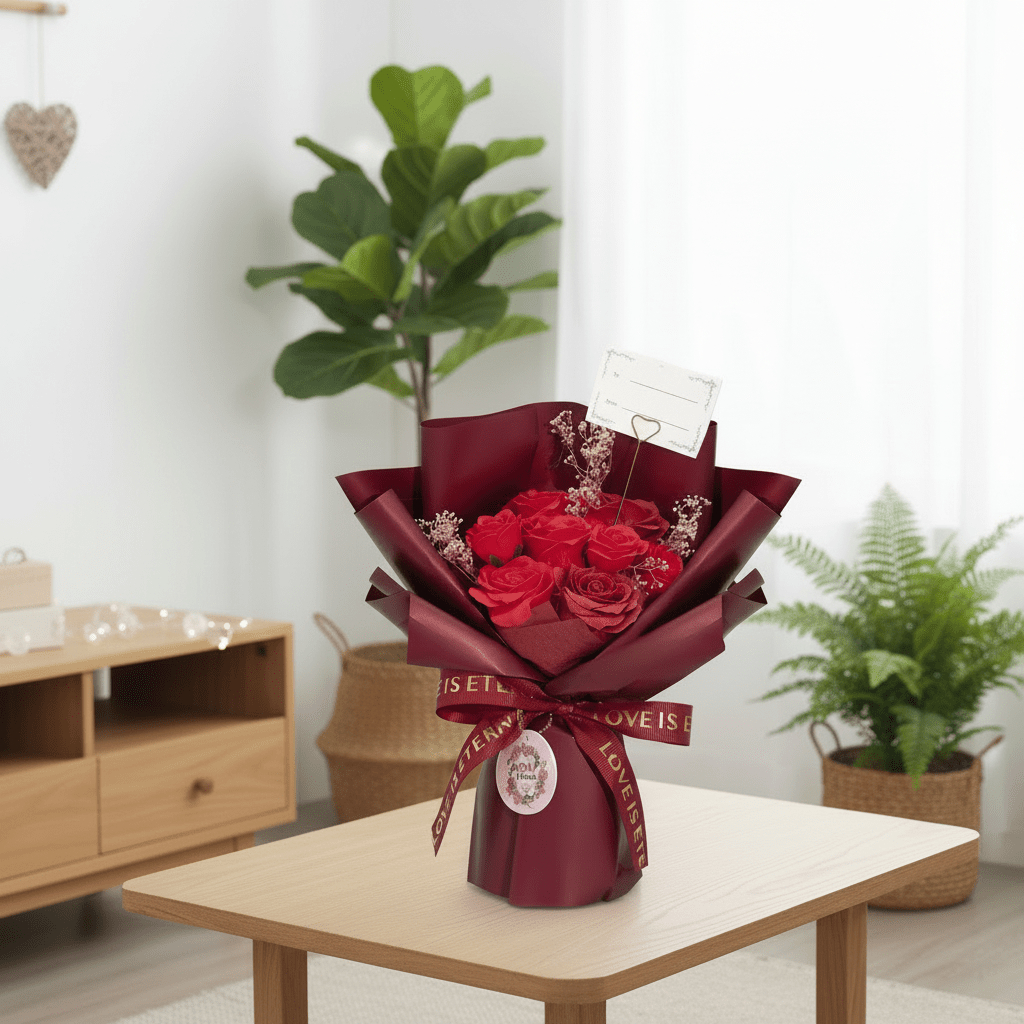 Bouquet of red rose soap in a burgundy wrap on a wooden table with plants in the background