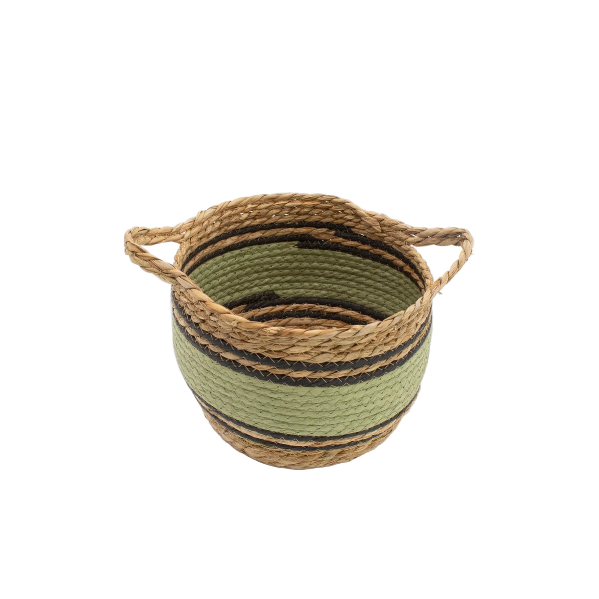 Small natural woven basket with a green band, black stripes and two side handles