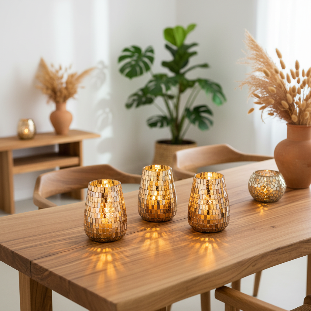 Three gold mosaic candle holders on a wooden table in a warm, modern dining room setting, with a fourth holder on the side and decorative plants and dried grass in the background.