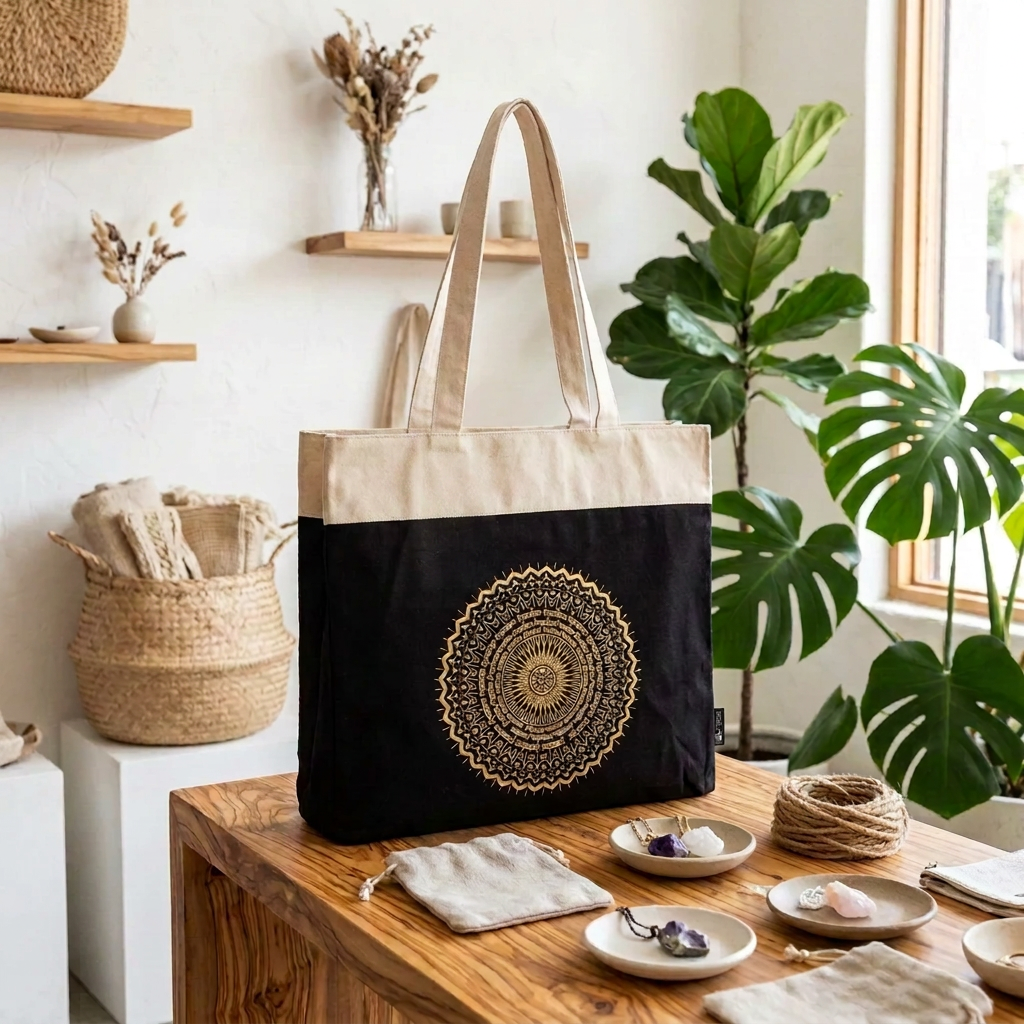 A tote bag displayed on a wooden table in a styled home interior. The bag has a black lower half with a large gold mandala pattern, a natural cream coloured upper half, and cream shoulder straps.