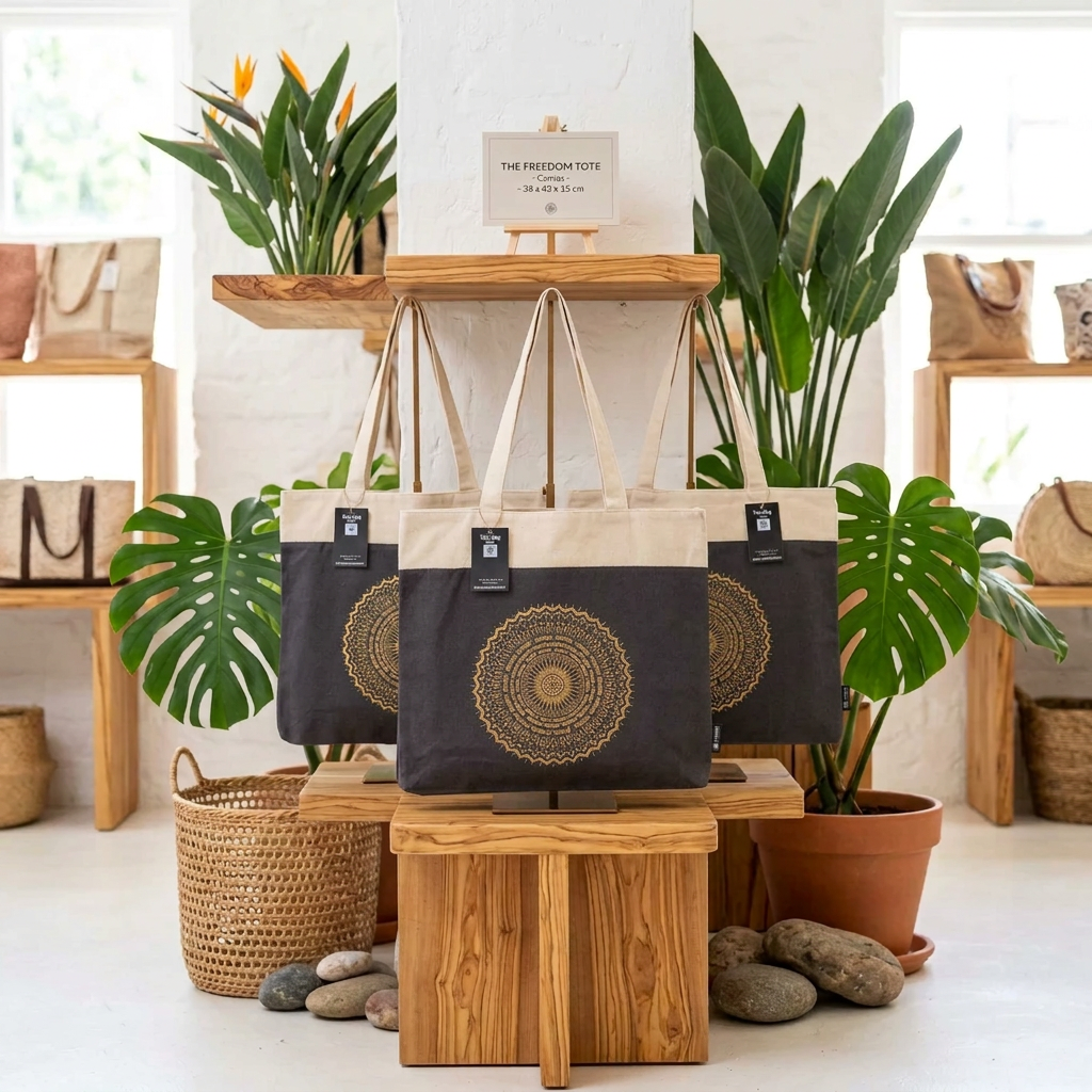 Three cotton tote bags with black lower panels and circular gold mandala prints are displayed on wooden stands in a styled boutique setting with potted plants and other bags in the background.