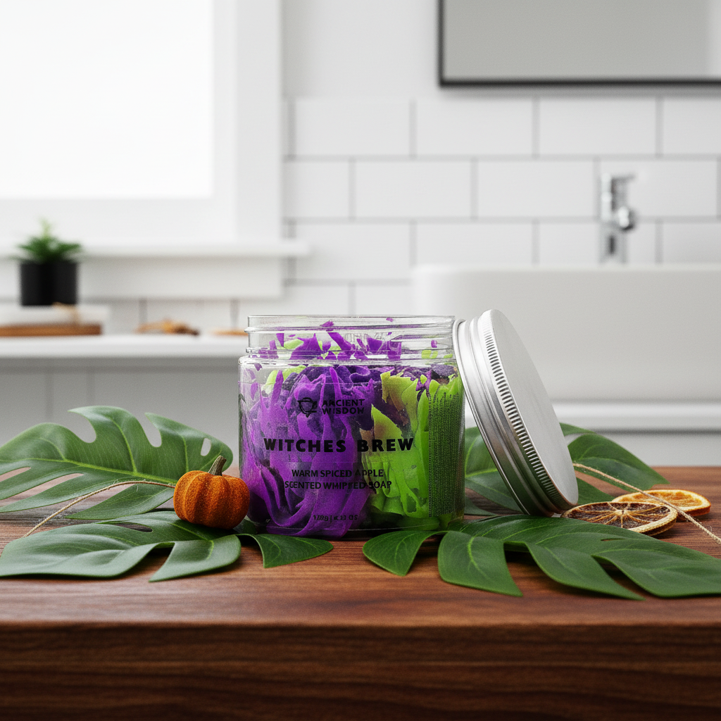 A clear glass jar labeled 'Witches Brew' filled with purple and green whipped soap, set on a wooden surface with a silver lid beside it. The scene includes tropical leaves, dried orange slices, a small pumpkin, and a bright bathroom background with white subway tile and a sink.