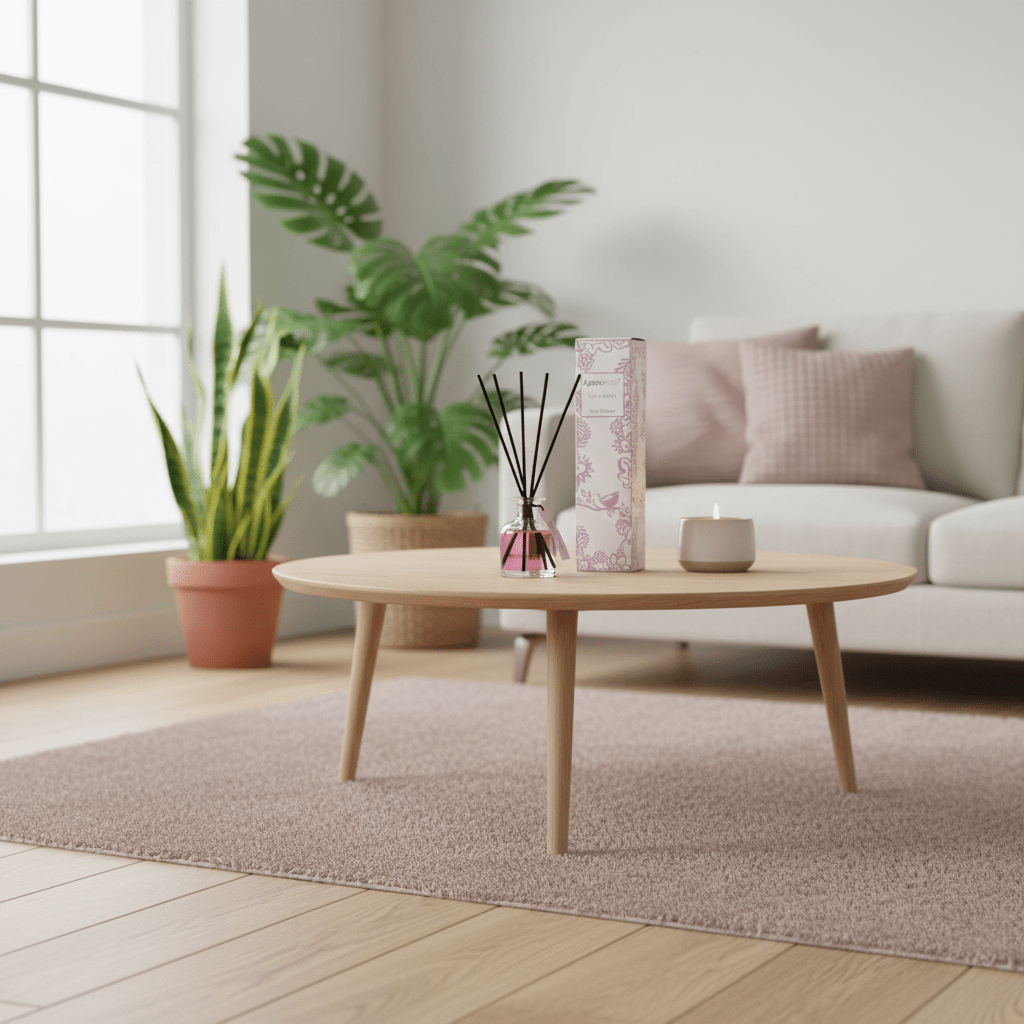 Modern living room with a coffee table, plants, and a sofa.