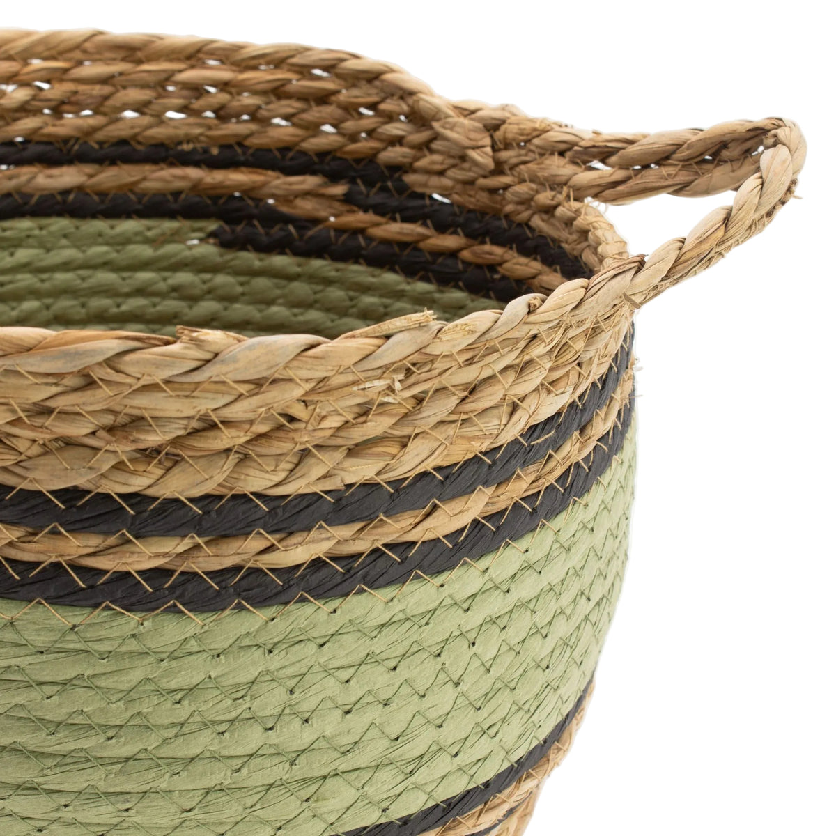 Close-up of the woven basket rim, integrated handle, green band and black stripes