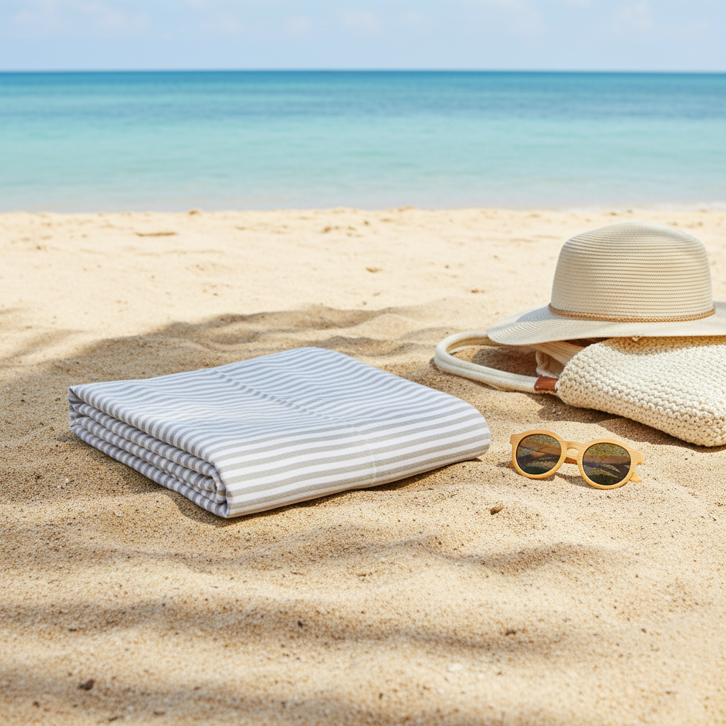 A folded striped beach towel or blanket sits on sandy beach next to a straw hat, woven bag, and sunglasses, with the ocean and sky in the background.