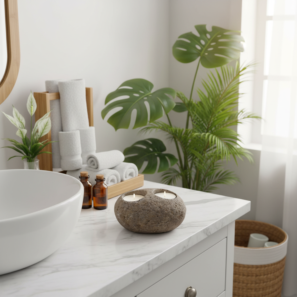 A round natural stone candle holder with two lit tealights sits on a white marble bathroom vanity next to a white vessel sink, with rolled towels, amber bottles, and green plants in the background.