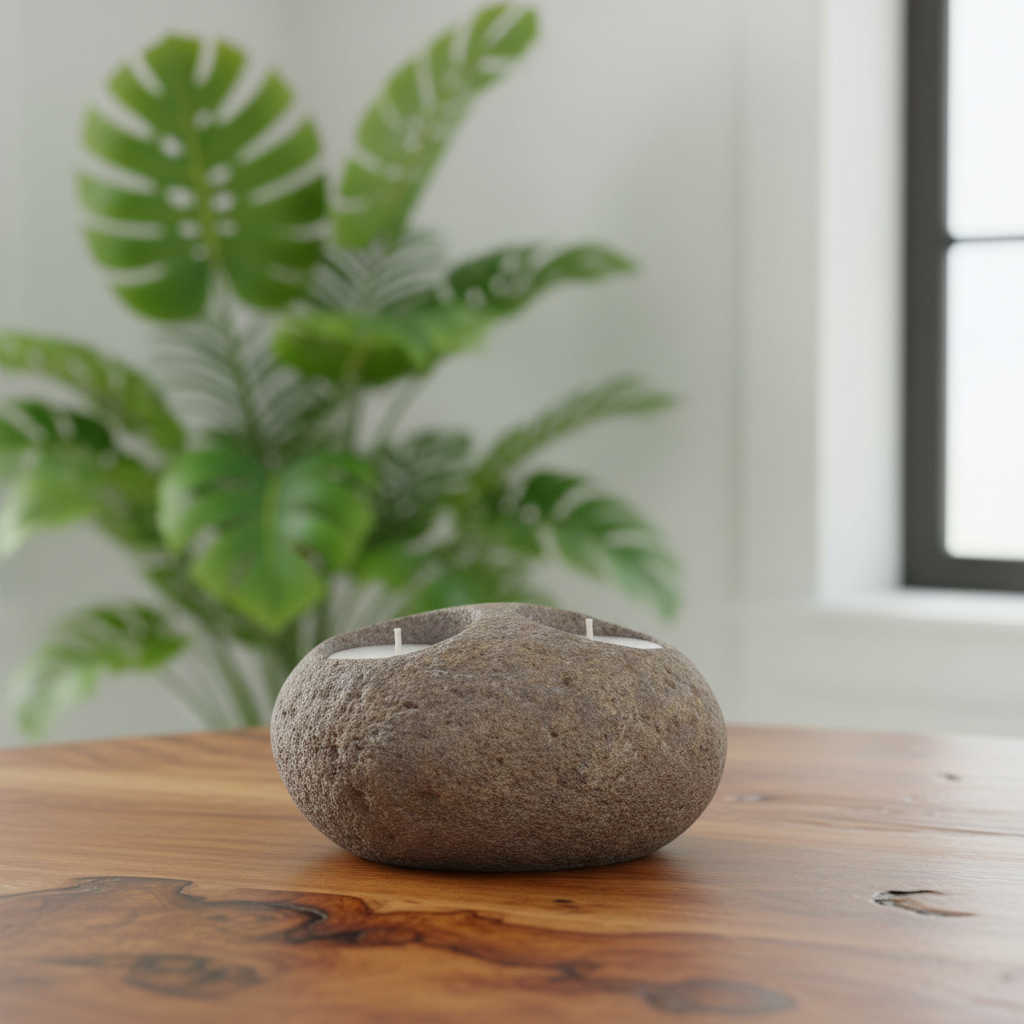 A round grey stone candle holder with three small candle slots sits on a wooden table, with a blurred green plant and a bright window in the background.