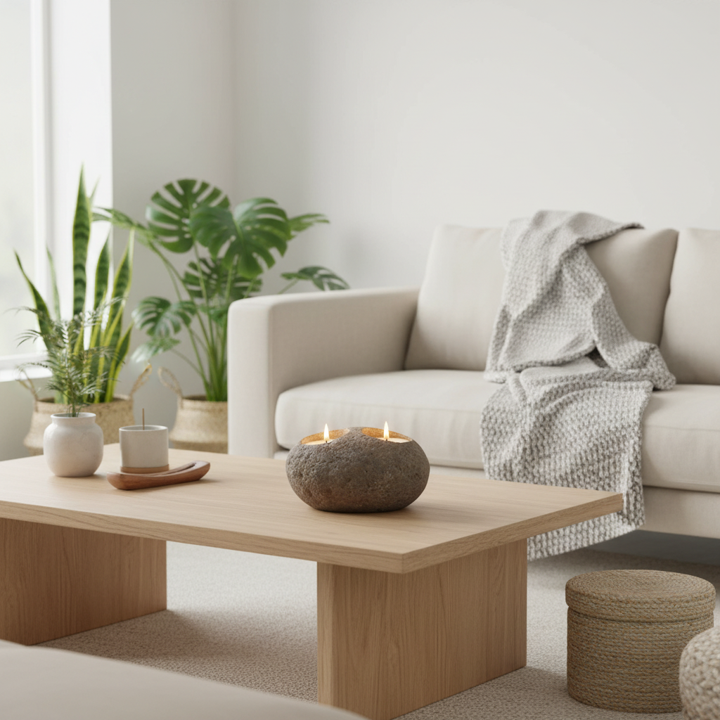 A modern minimalist living room scene featuring a light wood coffee table with a stone candle holder, a beige sofa with a textured throw blanket, and potted green plants in the background.