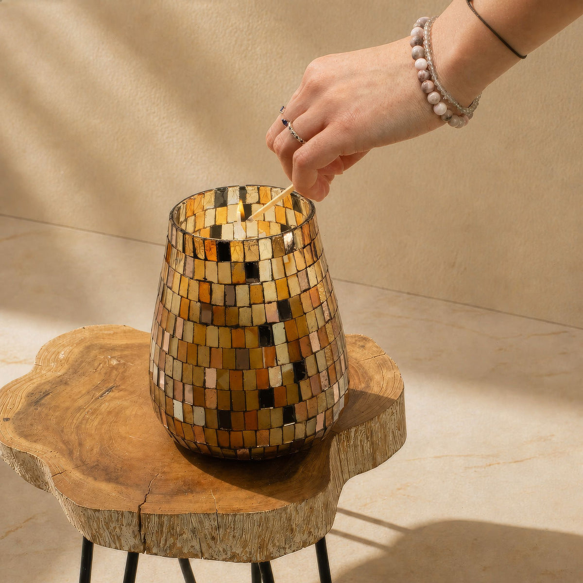 Tall Amber Mosaic Candle Jar