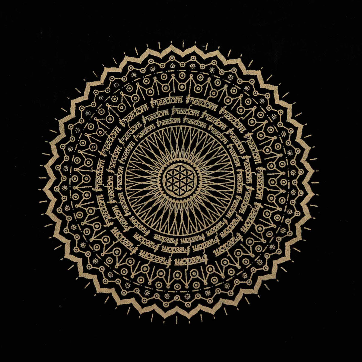 Decorative mandala design in gold on a black background