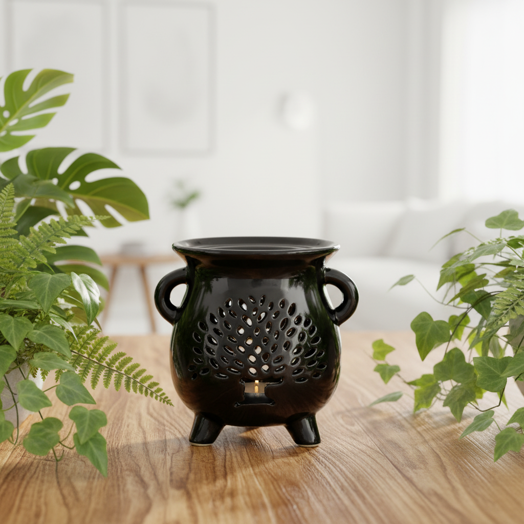 A glossy black ceramic diffuser or candle holder with a cutout tree pattern on the front, set on a wooden table in a bright, modern room with green plants framing the scene.