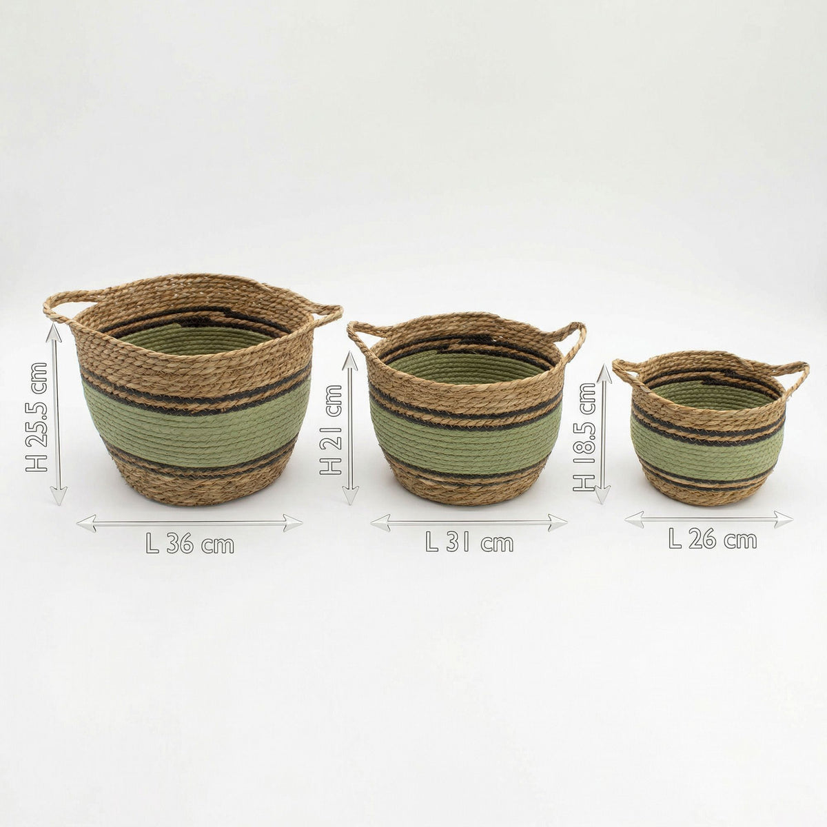 Basket size diagram: large L36 × H25.5cm, medium L31 × H21cm and small L26 × H18.5cm