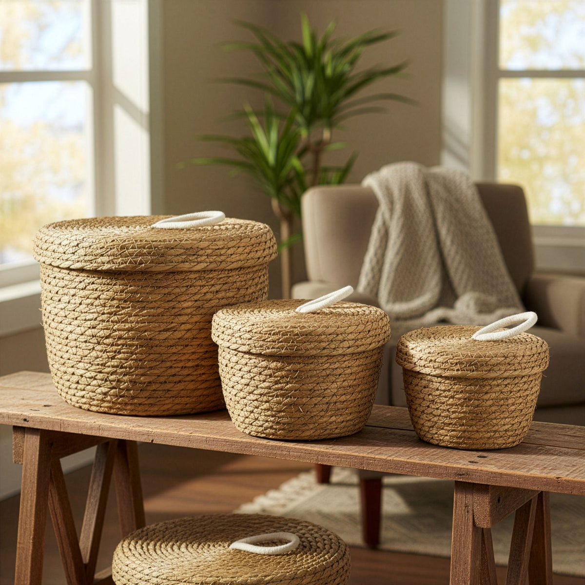 Three lidded baskets displayed on a wooden bench, with another basket partly visible below