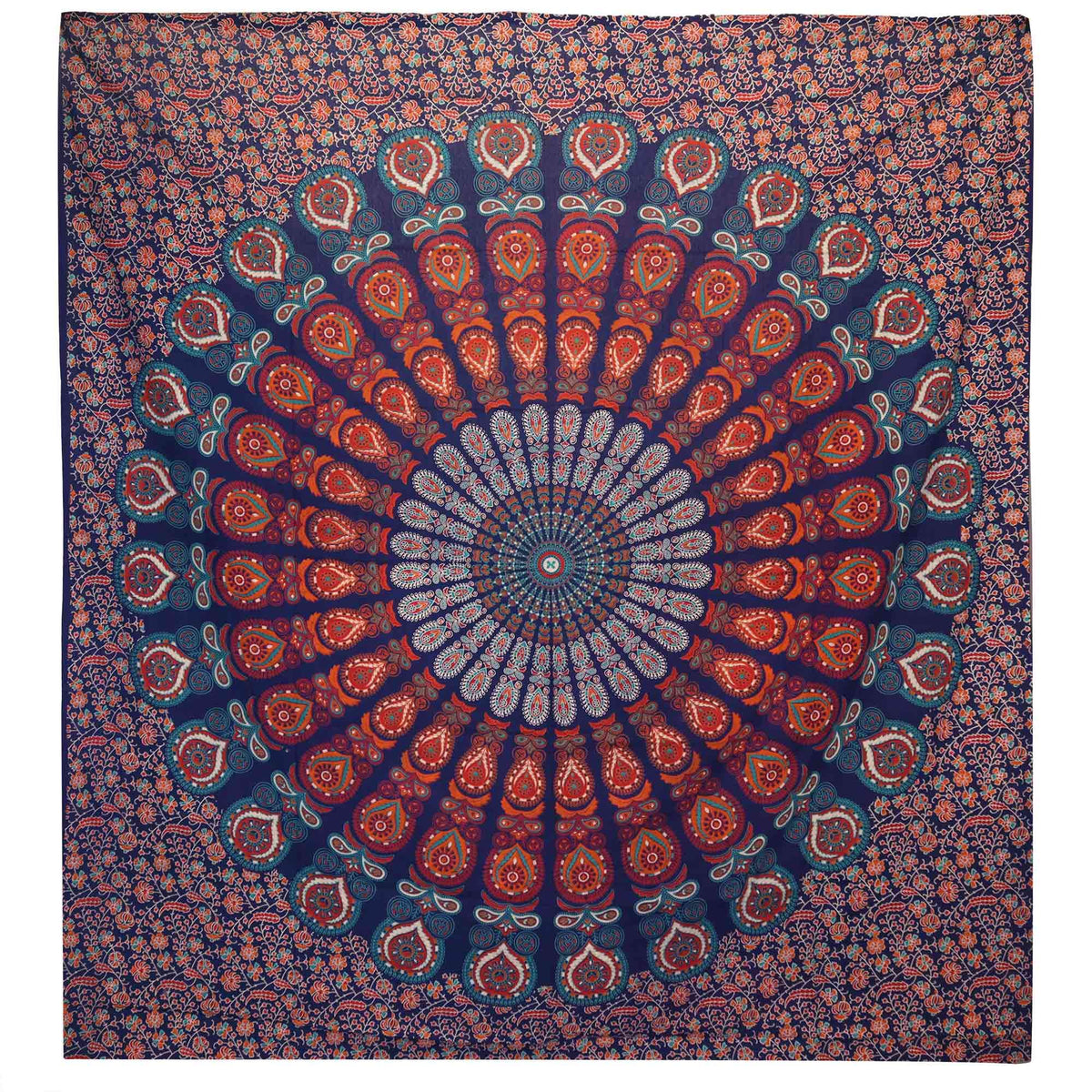 Mandala patterned wall hanging/bedspread with concentric circles in blue and red on a dark background