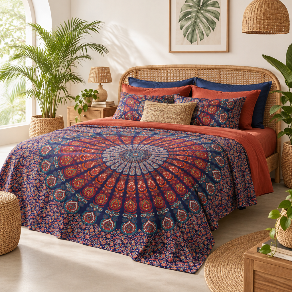 A bed dressed in a bohemian-style cotton bedspread featuring a large mandala pattern in navy blue, rust red, and beige, styled in a warm, sunlit bedroom with rattan furniture, plants, and woven decor.