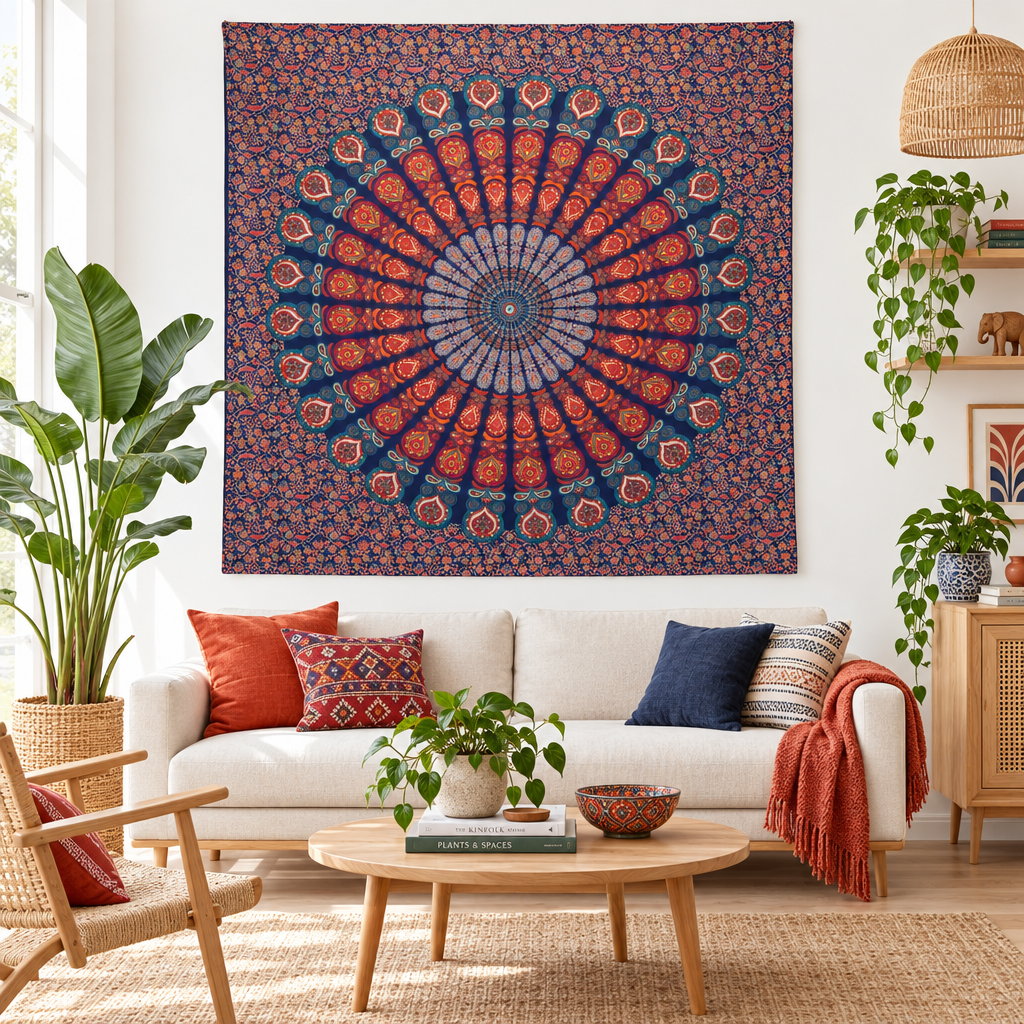 A large bohemian mandala wall hanging in red, orange, and navy blue hangs on a white wall above a modern white sofa in a bright, styled living room.