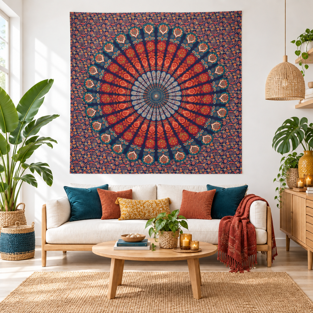 A large square wall hanging featuring a vibrant red, orange, and blue mandala pattern, hung on a white wall in a modern, sunlit living room with a white sofa, wooden coffee table, and potted plants.