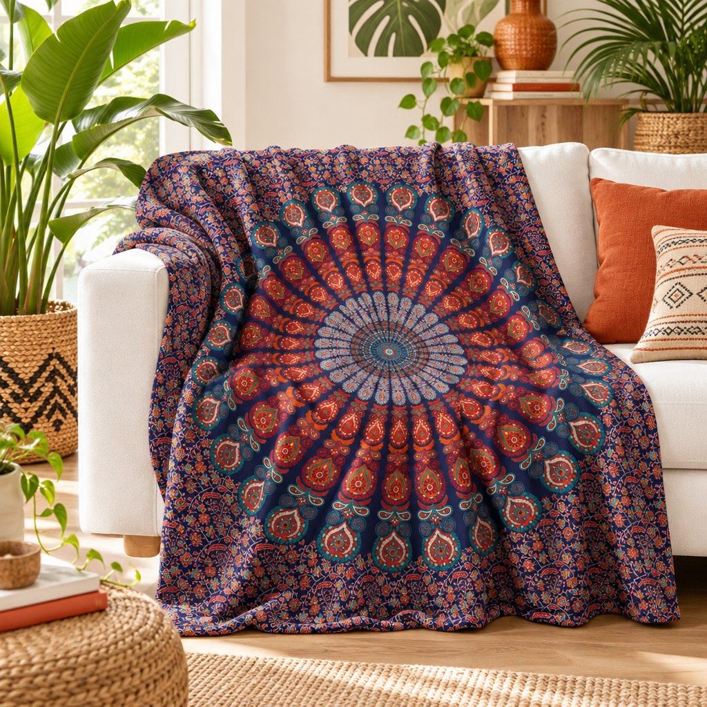A bohemian-style cotton throw draped over a white sofa in a bright, modern living room. The blanket features a large, intricate mandala pattern in navy blue, rust red, and light blue, surrounded by small floral motifs.