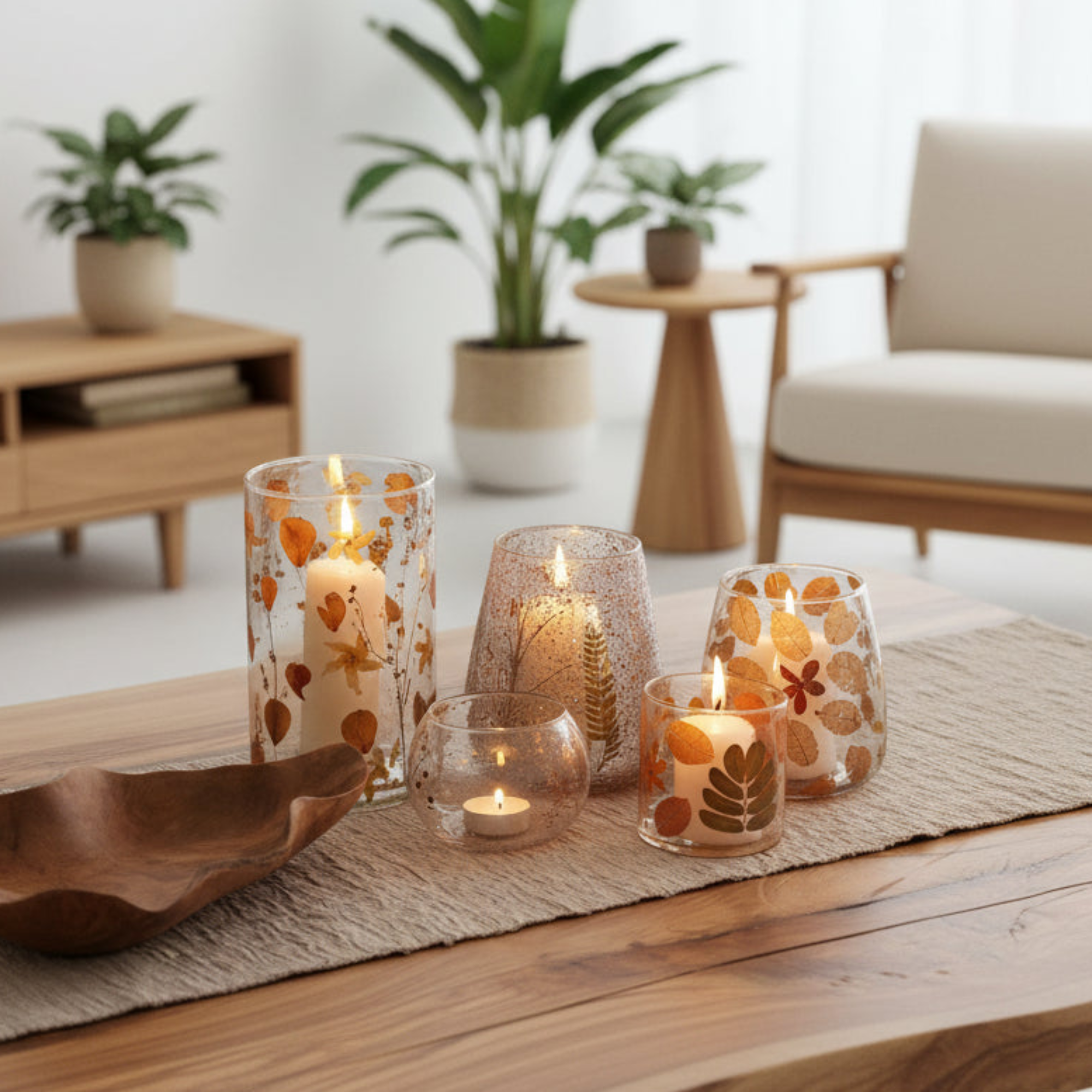 Decorative candles on a wooden table with a cosy living room background