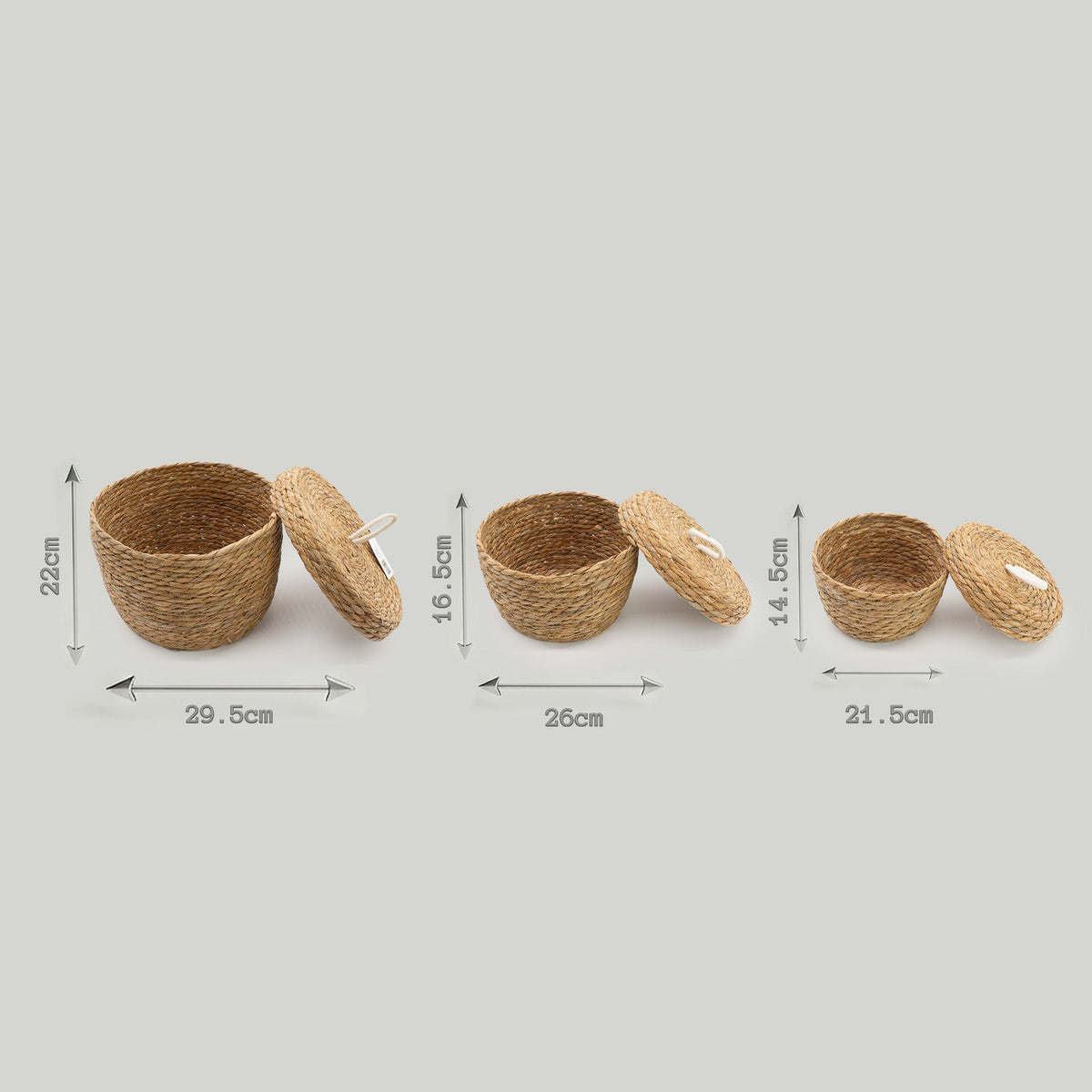 Basket size diagram: large 29.5 × 22cm, medium 26 × 16.5cm and small 21.5 × 14.5cm