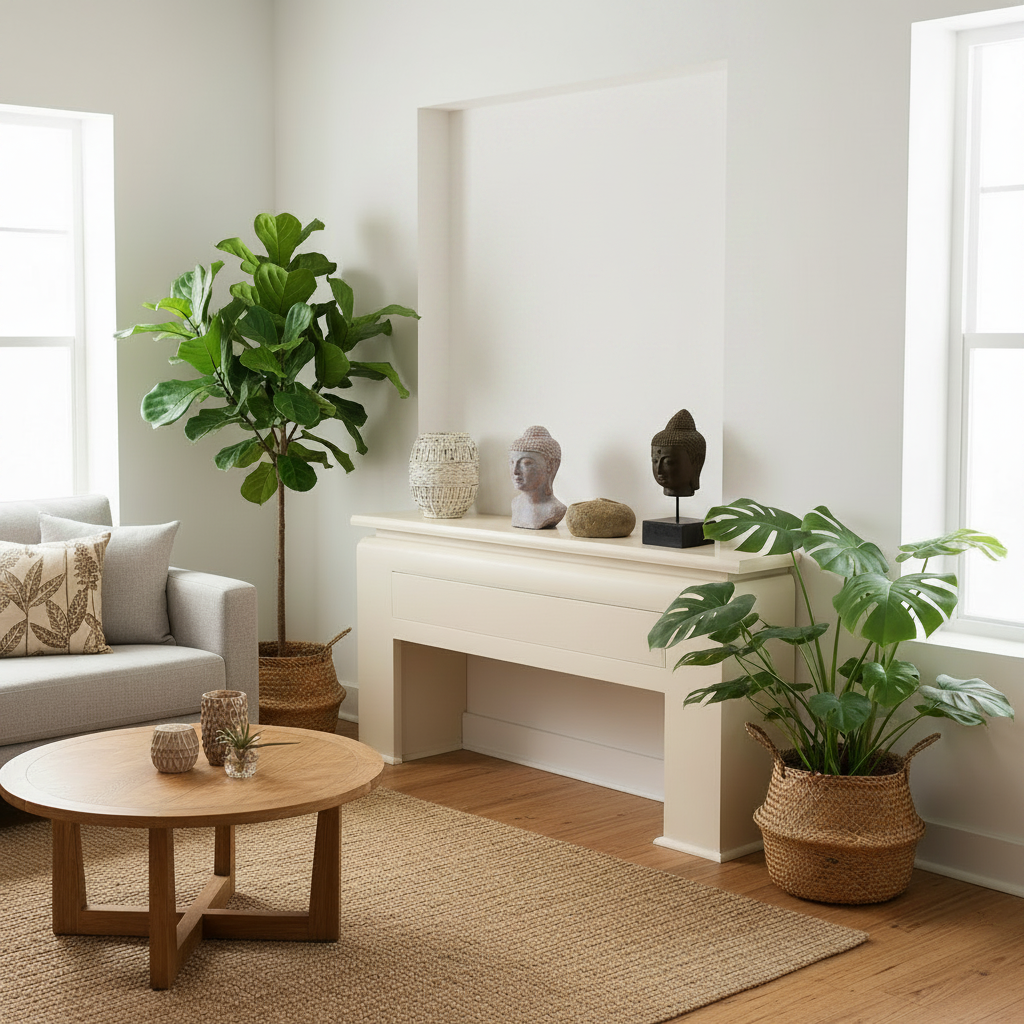 A styled living room corner with a light wood console table, neutral sofa, woven rug, and multiple potted green plants. Decorative sculptures and textured vases sit on top of the console against a white wall.