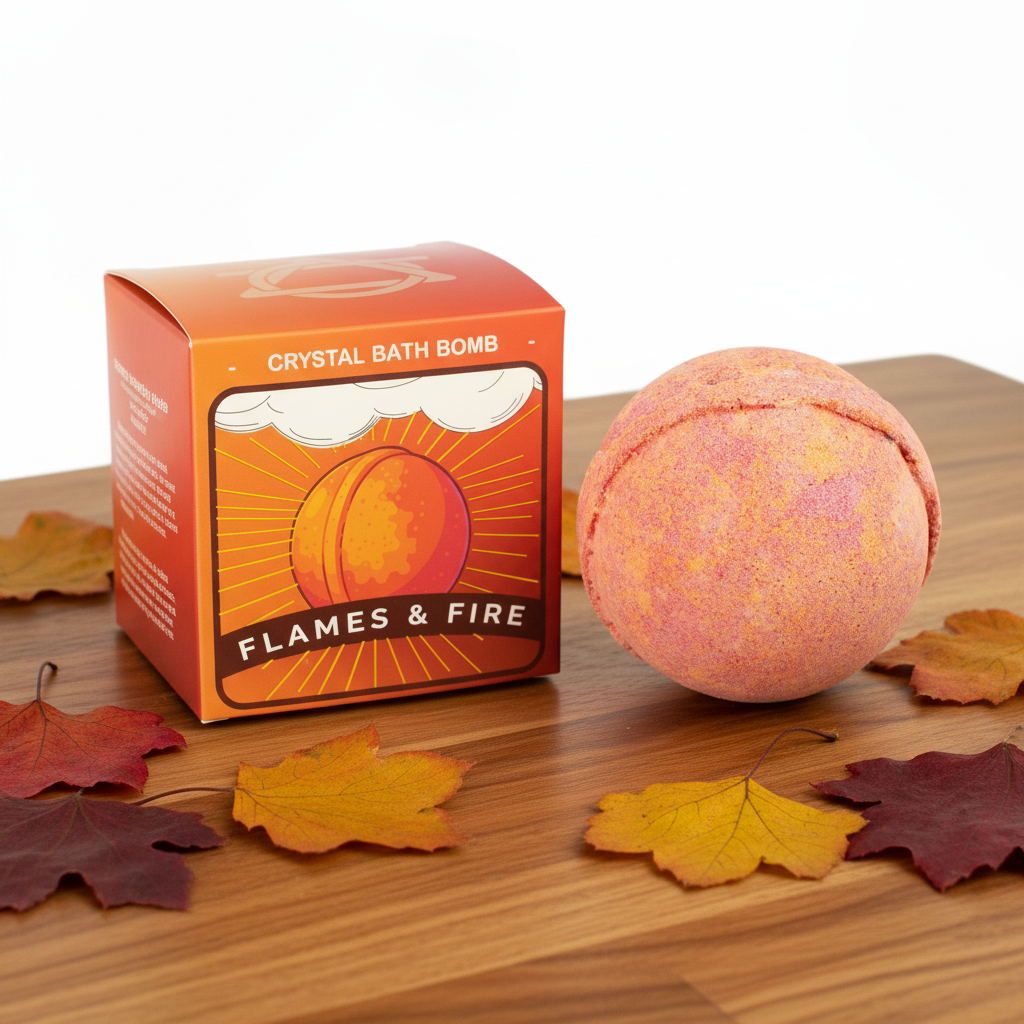 A peachy pink bath bomb with orange flecks sits next to its orange cardboard box labeled 'Flames & Fire' on a wooden surface with scattered autumn leaves.