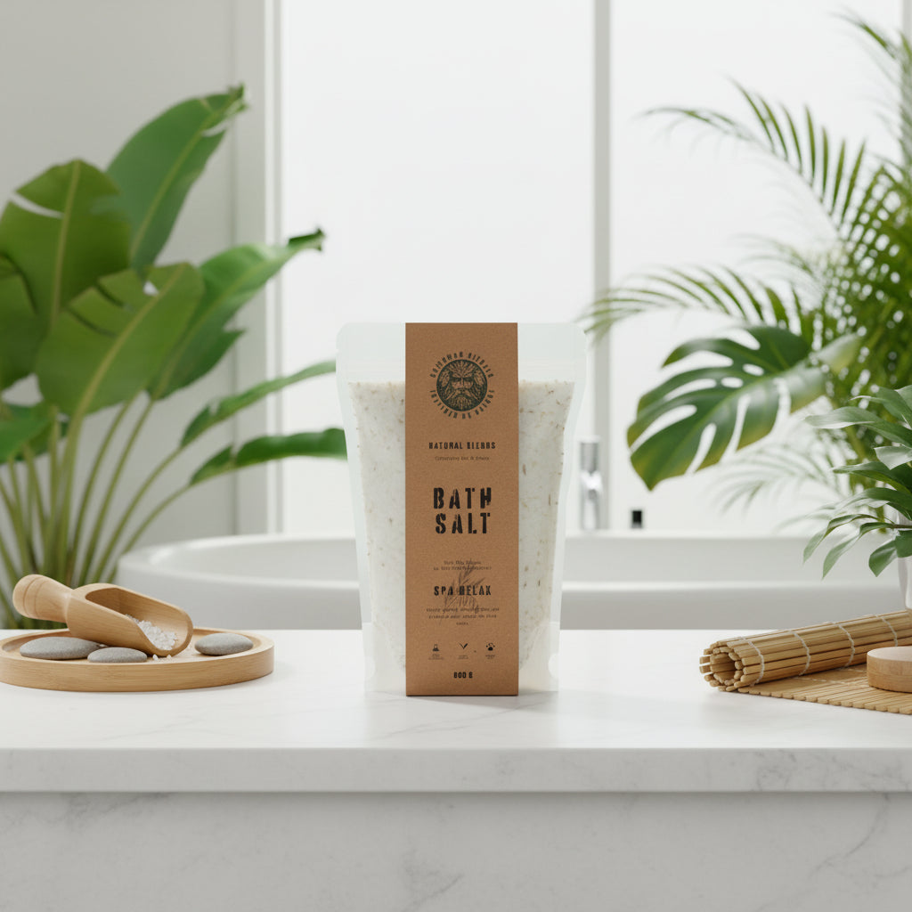 Bath salt packaging on a white surface with plants in the background